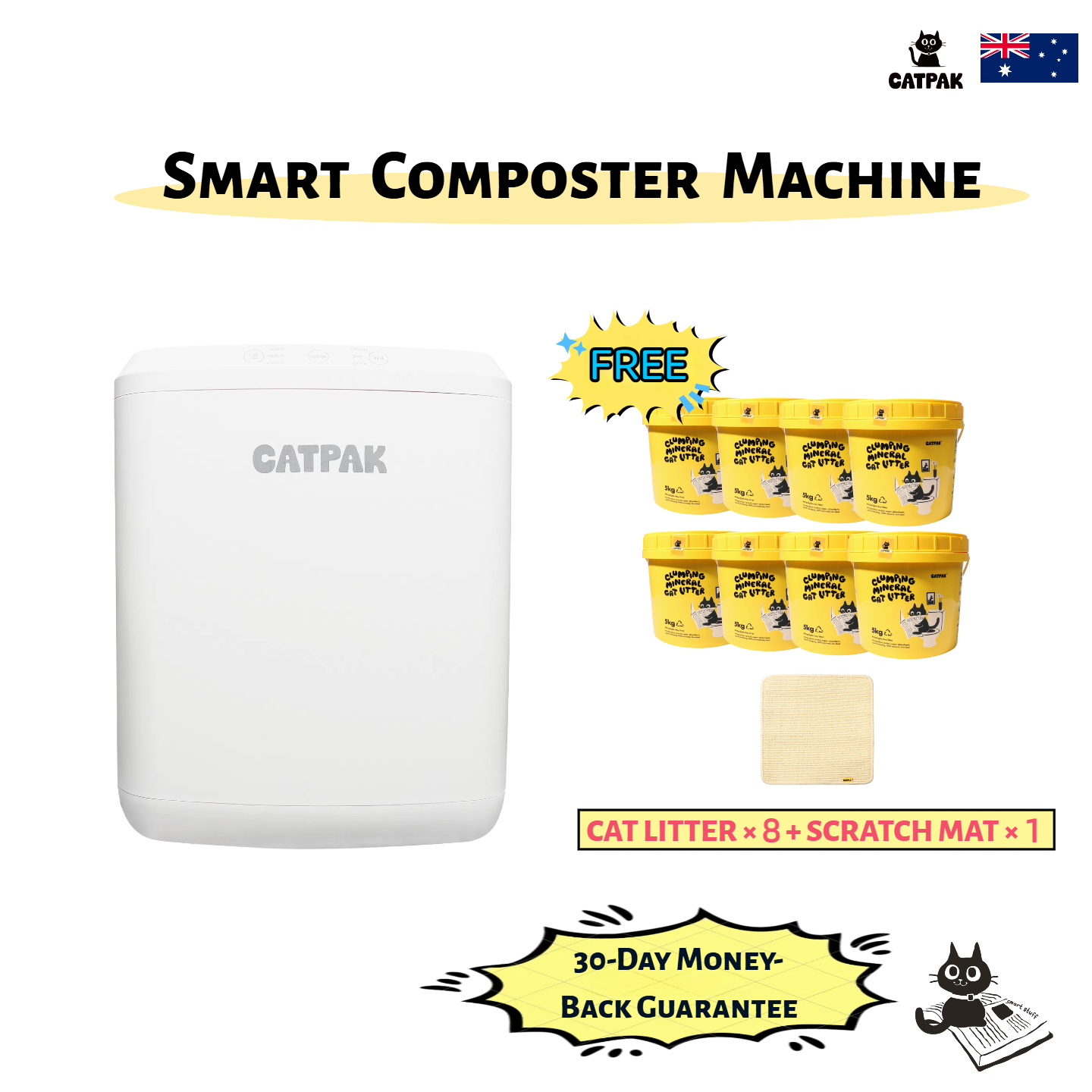 Smart Composter Value Bundle: FREE 8×5kg 100% Natural Attapulgite Mineral Litter + 1 Free Cat Scratching Mat