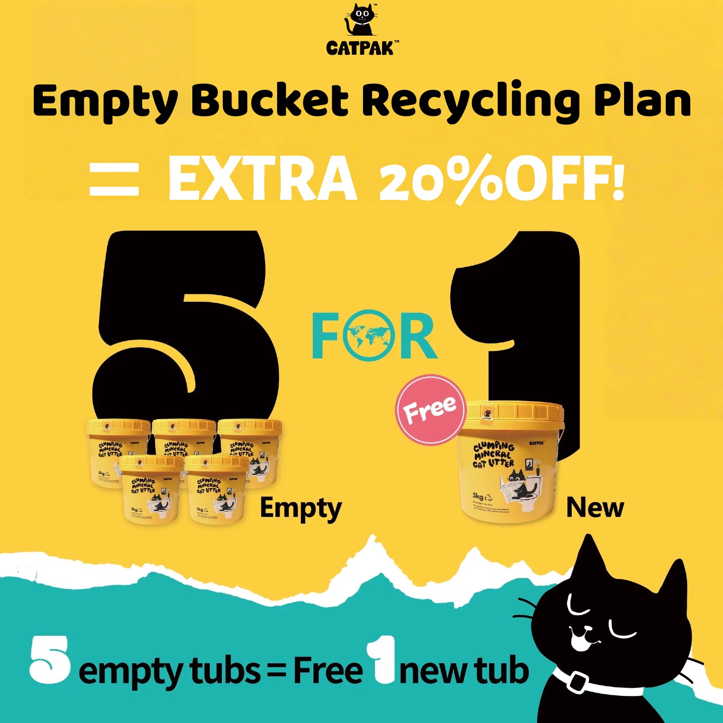 CATPAK empty bucket recycling plan - return 5 buckets get 1 free plus 20% discount