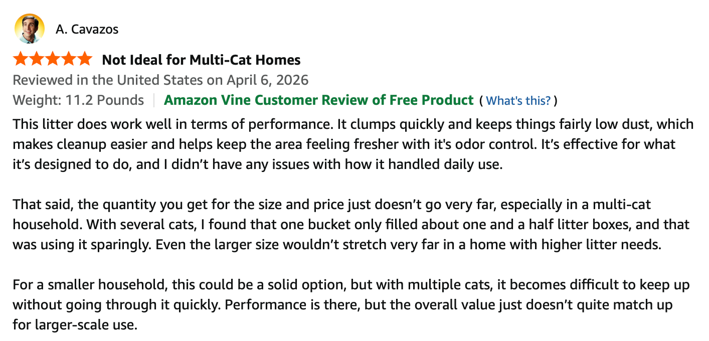 A. Cavazos 5-star review — Great performance, clumps fast and stays low dust.
